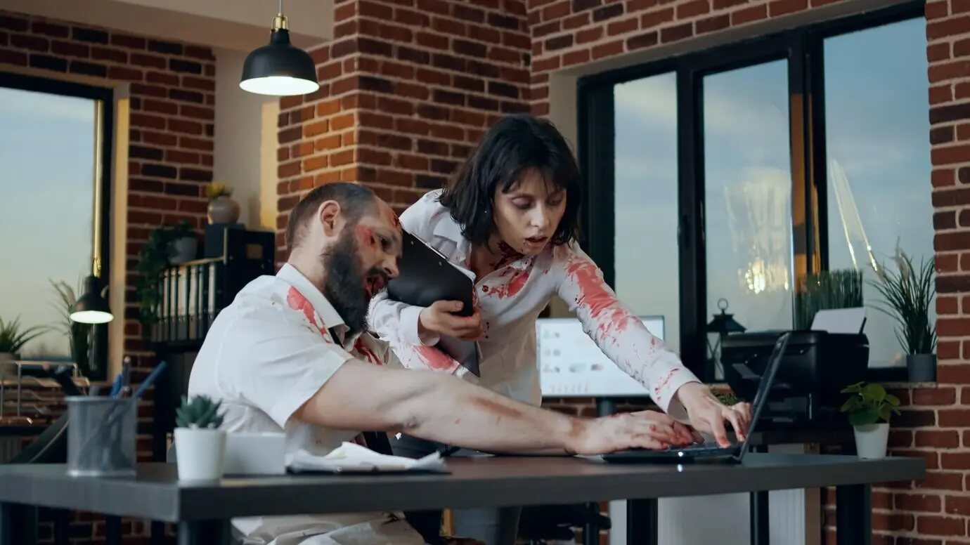 Страшный офисный зомби с кровавыми ранами в рабочем пространстве работает за современным ноутбуком. Злобный монстр, пожирающий мозги, с глубокими шрамами пытается пользоваться компьютером, когда приходит и помогает мертвая жуткая ходячая женщина.